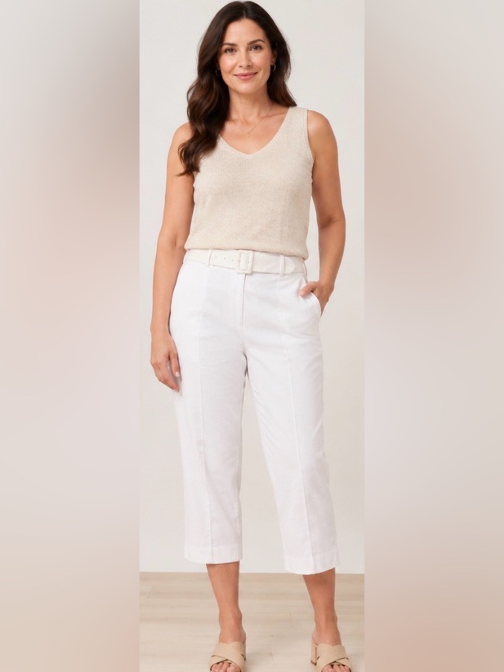 LOFT White Cotton Linen Blend Cropped Pants Size 14 Belted Capri Ankle